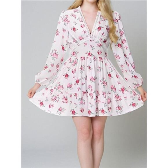 Full Size Floral V-Neck Long Sleeve Mini Dress Plus Size - Picture 3 of 7